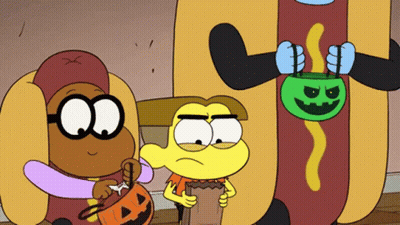 Cartoon Characters As Hot Dog And Pumpkin For Halloween GIF