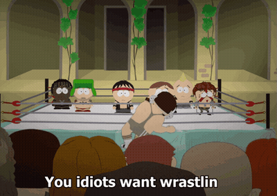 Cartoon Characters Boxing Ring Saying You Idiots Want Wrastlin GIF