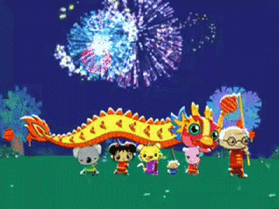 Cartoon Characters Dancing In Front Of Fireworks GIF