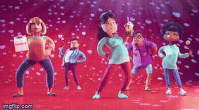 Cartoon Characters Dancing Under Falling Hearts GIF