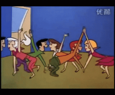 Cartoon Characters Dancing With Chinese Writing GIF