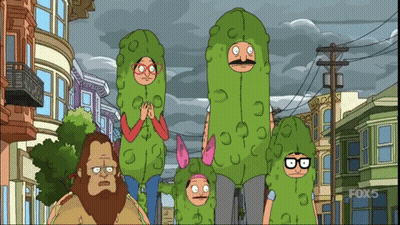 Cartoon Characters Dressed As Pickles With Fox 5 Logo GIF