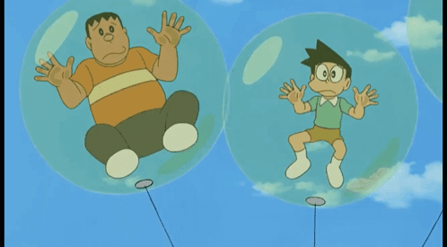 Cartoon Characters Floating In Bubbles With Korean Writing GIF