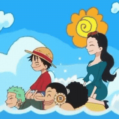 Cartoon Characters Floating On Raft In Ocean GIF