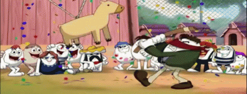 Cartoon Characters Gathered Around Man Holding Bottle GIF