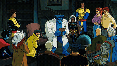 Cartoon Characters Gathered Around Man In White Coat GIF