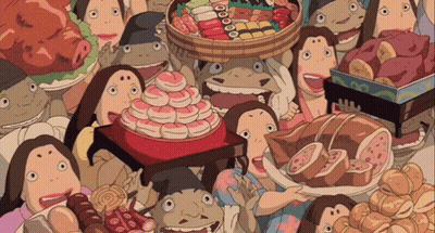 Cartoon Characters Gathered Around Table Full Of Food GIF