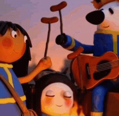 Cartoon Characters Holding Hot Dogs Playing Guitar GIF
