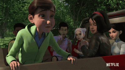Cartoon Characters In Car With Netflix Logo GIF