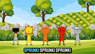 Cartoon Characters In Field Saying Sprunki GIF