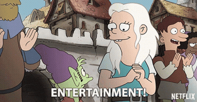 Cartoon Characters in Front of Building Saying Entertainment
