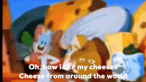 Cartoon Characters In Front Of Cheese Pile GIF