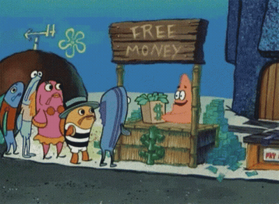Cartoon Characters In Front Of Free Money Stand GIF