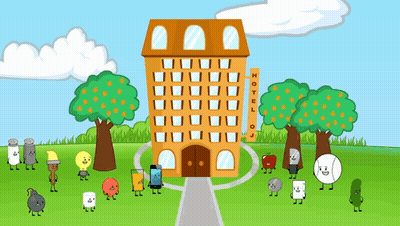 Cartoon Characters In Front Of Hotel GIF
