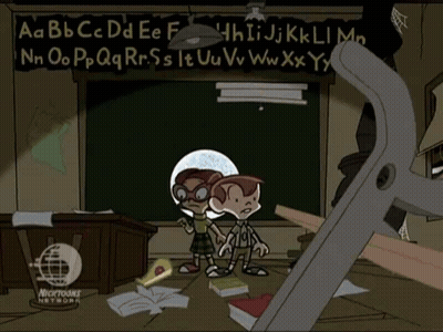 Cartoon Characters In Front Of Nicktoons Network Sign GIF