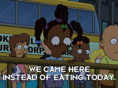 Cartoon Characters In Front Of School Bus Saying We Came Here Instead Of Eating Today GIF