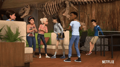 Cartoon Characters In Front Of T-Rex Skeleton With Netflix Logo GIF