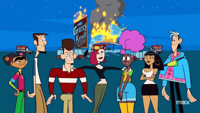 Cartoon Characters In Front Of The Grassy Knoll Sign GIF