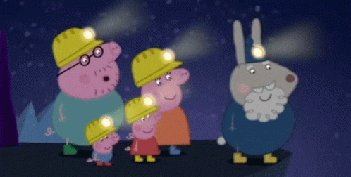 Cartoon Characters In Hard Hats With Flashlights GIF