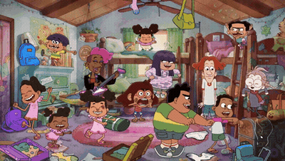 Cartoon Characters In Messy Room With I Love You Sign GIF