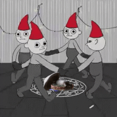 Cartoon Characters In Red Hats Dancing In Circle GIF