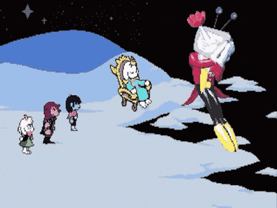 Cartoon Characters In Snow, One Sitting On Chair GIF