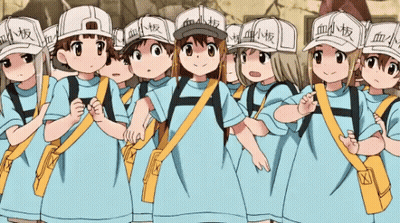 Cartoon Characters In White Hats With Chinese Writing GIF