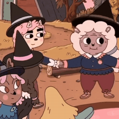 Cartoon Characters In Witch And Sheep Hats GIF
