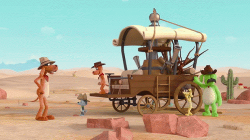 Cartoon Characters Next To Wagon In Desert GIF