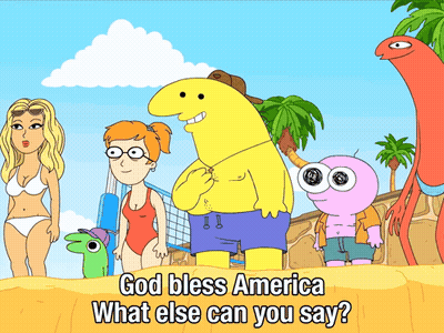 Cartoon Characters On Beach Saying God Bless America GIF