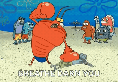 Cartoon Characters On Beach With Lobster Holding SpongeBob GIF