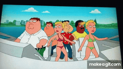 Cartoon Characters On Boat One In Bathing Suit GIF