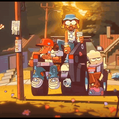 Cartoon Characters on Jeep with Big 3 Sign