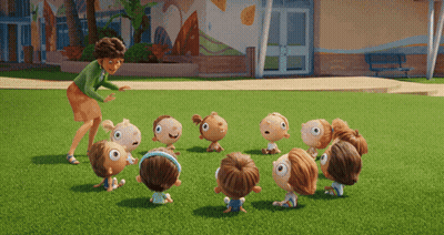 Cartoon Characters Playing In A Circle With Teacher GIF