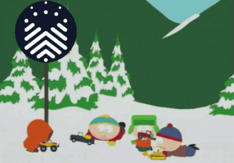 Cartoon Characters Playing In Snow With Arrow Sign GIF