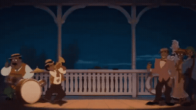 Cartoon Characters Playing Instruments On Balcony With Crocodile GIF