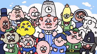 Cartoon Characters Posing With Clock On Head GIF