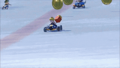 Cartoon Characters Racing Down Snowy Track With DK Sign GIF