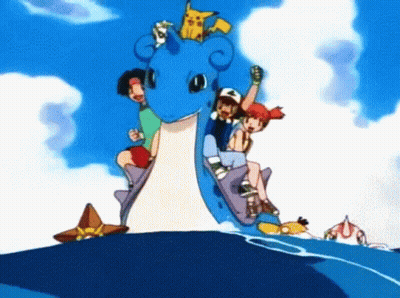 Cartoon Characters Riding Blue Pokemon GIF