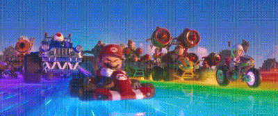 Cartoon Characters Riding Motorcycles On Rainbow Road GIF