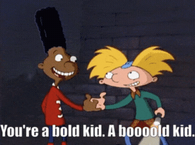 Cartoon Characters Shaking Hands Saying You're a Bold Kid a Booold Kid