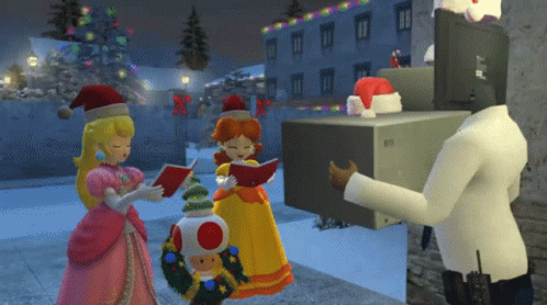 Cartoon Characters Singing Christmas Carols In Front Of Building GIF