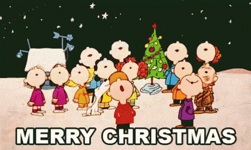 Cartoon Characters Singing Merry Christmas In Front Of Christmas Tree GIF