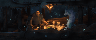 Cartoon Characters Sitting Around Table In Dark Room GIF
