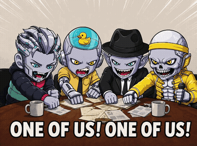 Cartoon Characters Sitting Around Table Saying One Of Us One Of Us GIF