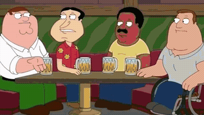 Cartoon Characters Sitting Around Table With Beer Mugs Saying CCCD GIF