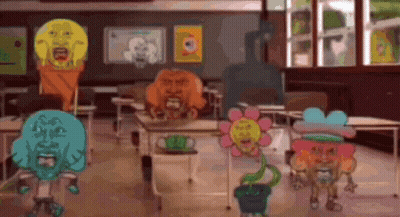 Cartoon Characters Sitting At Desks In Classroom GIF