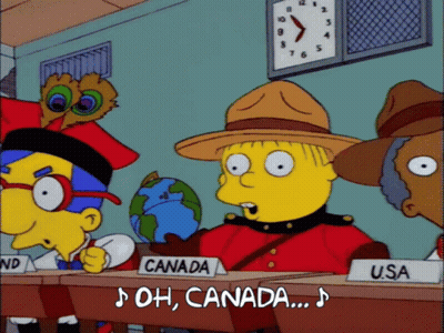 Cartoon Characters Sitting At Desks With Canada Hat GIF