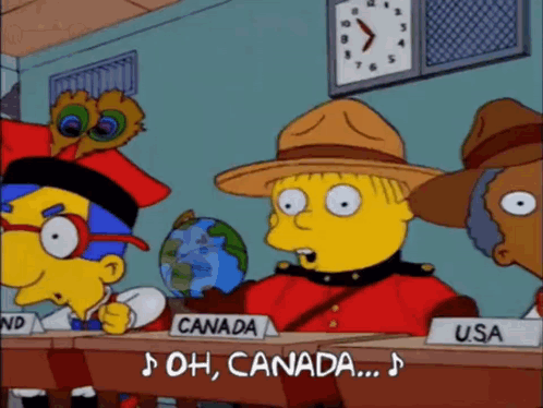 Cartoon Characters Sitting At Table With Canada Sign GIF