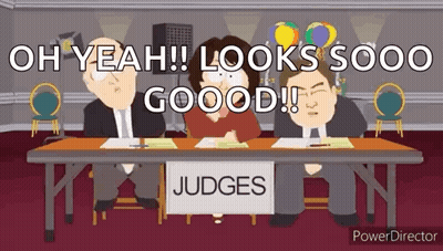 Cartoon Characters Sitting At Table With Judges Sign GIF